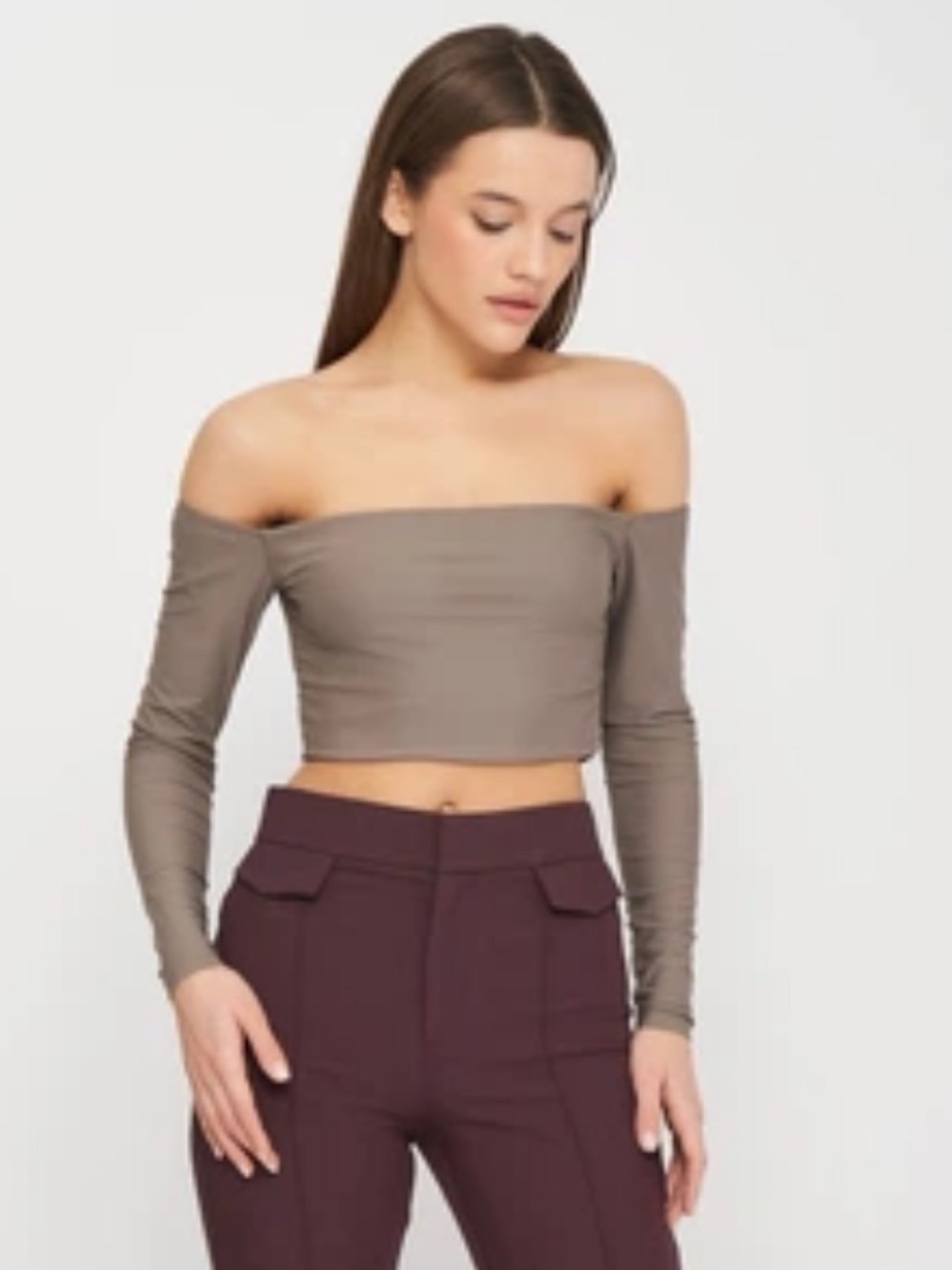 Zara Off-Shoulder Crop Top in Taupe Gray